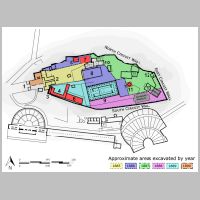 Plan of the Acropolis of Athens, showing areas excavated by Panagiotis Kavvadias and Georg Kawerau between 1885 and 1890. Monuments marked in red were first discovered during these excavations. (Wikipedia).png